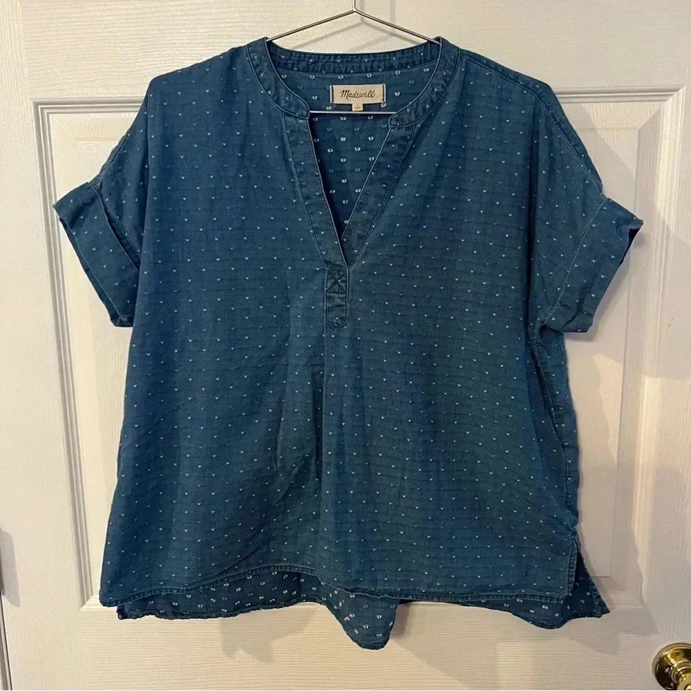 Madewell Blue Chambray Blouse with Embroidered Dots/Hearts Womens Size Small GUC